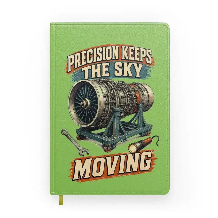 Precision Keeps The Sky Moving design on light green notebook