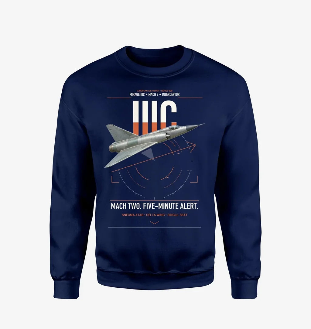 Dassault Mirage IIIC design on navy blue sweatshirt