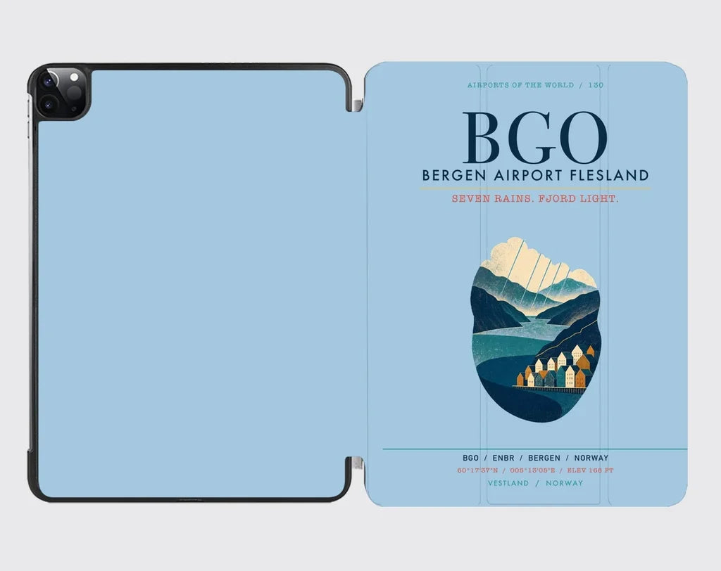 Bergen Airport Flesland (BGO) design on light blue ipad tablet case