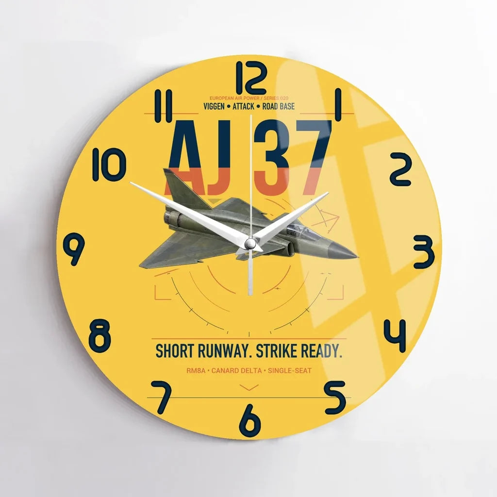 Saab AJ 37 Viggen design on yellow no frame wall clock