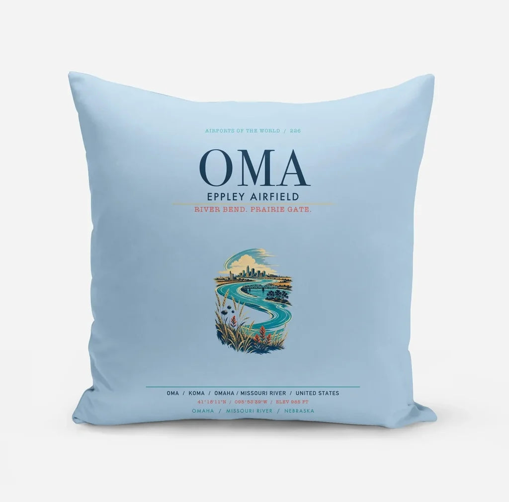 Omaha Eppley Airfield (OMA) design on light blue pillow