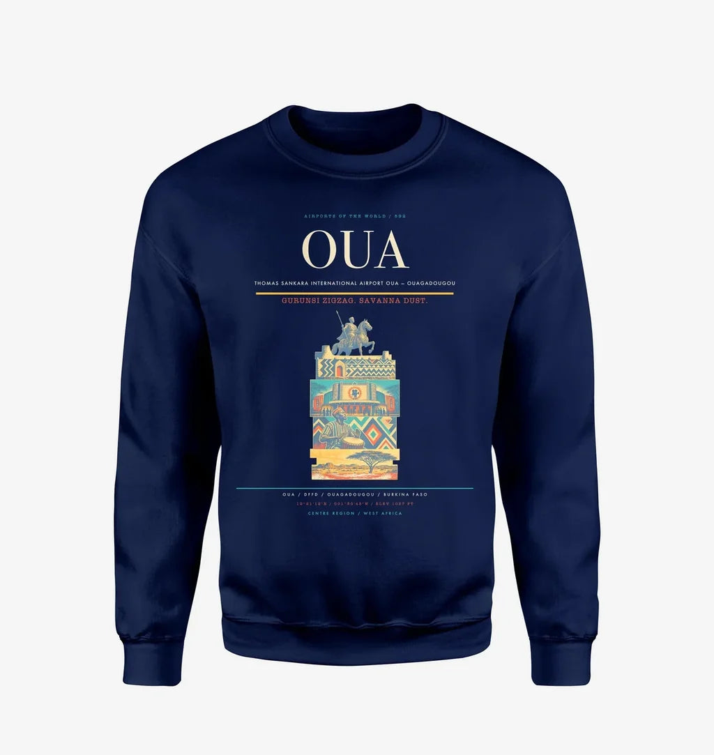 Thomas Sankara International Airport (OUA) design on navy blue sweatshirt