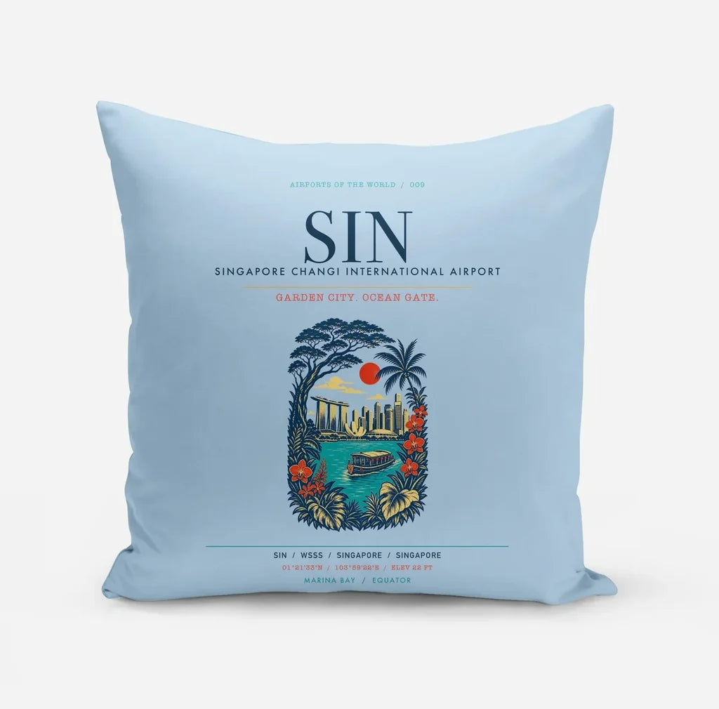 Singapore Changi International Airport (SIN) design on light blue pillow