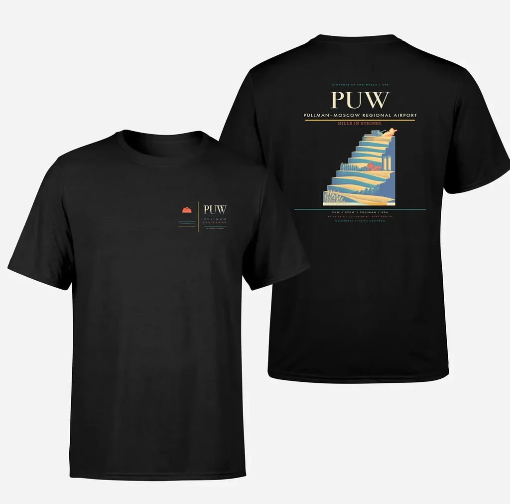 Pullman–Moscow Regional Airport (PUW) design printed on black double-side t-shirt
