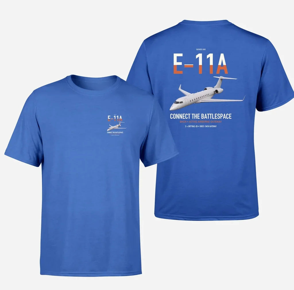 E-11A BACN design on blue double-side t-shirt, double-side print