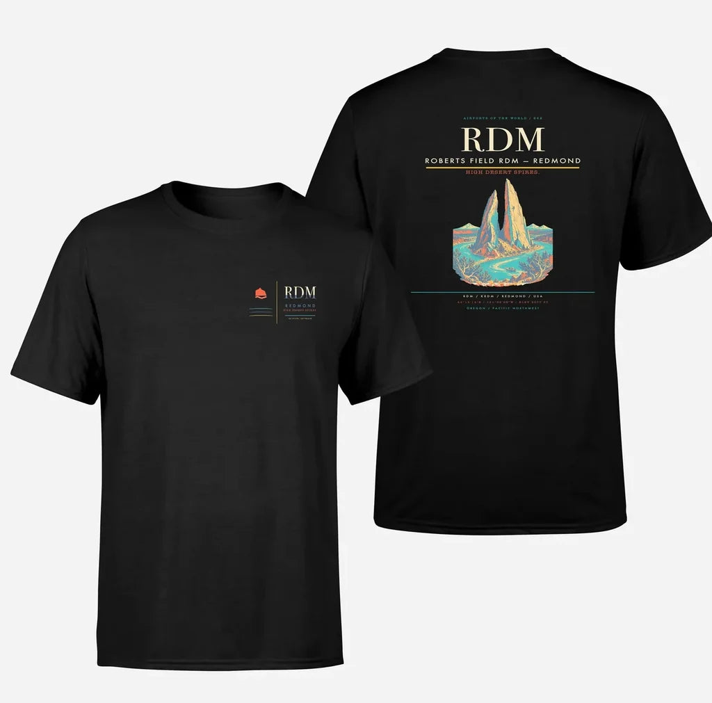 Roberts Field (RDM) design printed on black double-side t-shirt