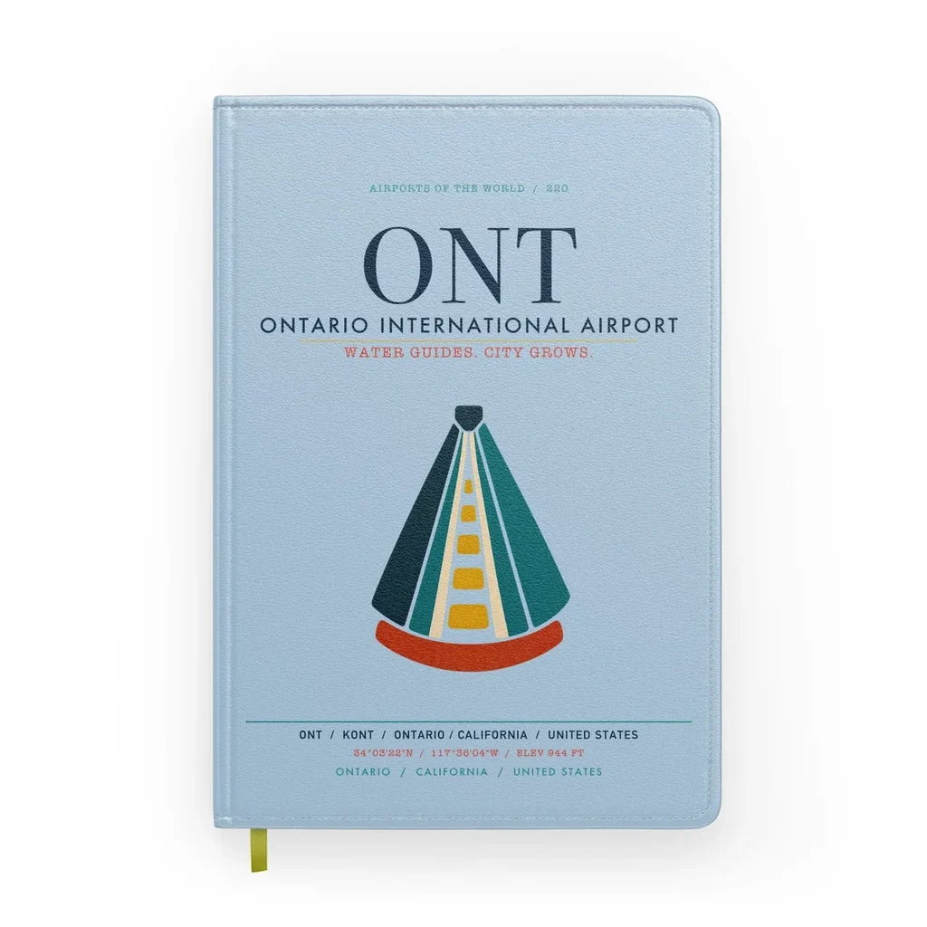 Ontario International Airport (ONT) design on light blue notebook