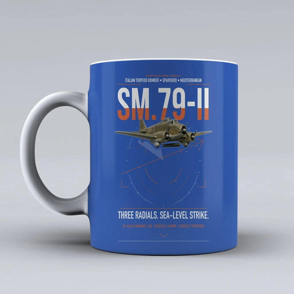 Savoia-Marchetti SM.79-II Sparviero design on blue ceramic mug, double-side print