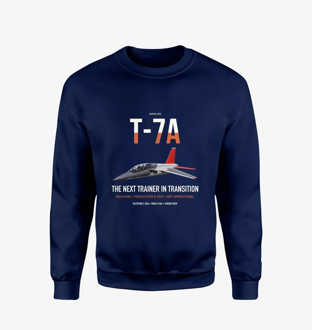 T-7A Red Hawk design on navy blue sweatshirt