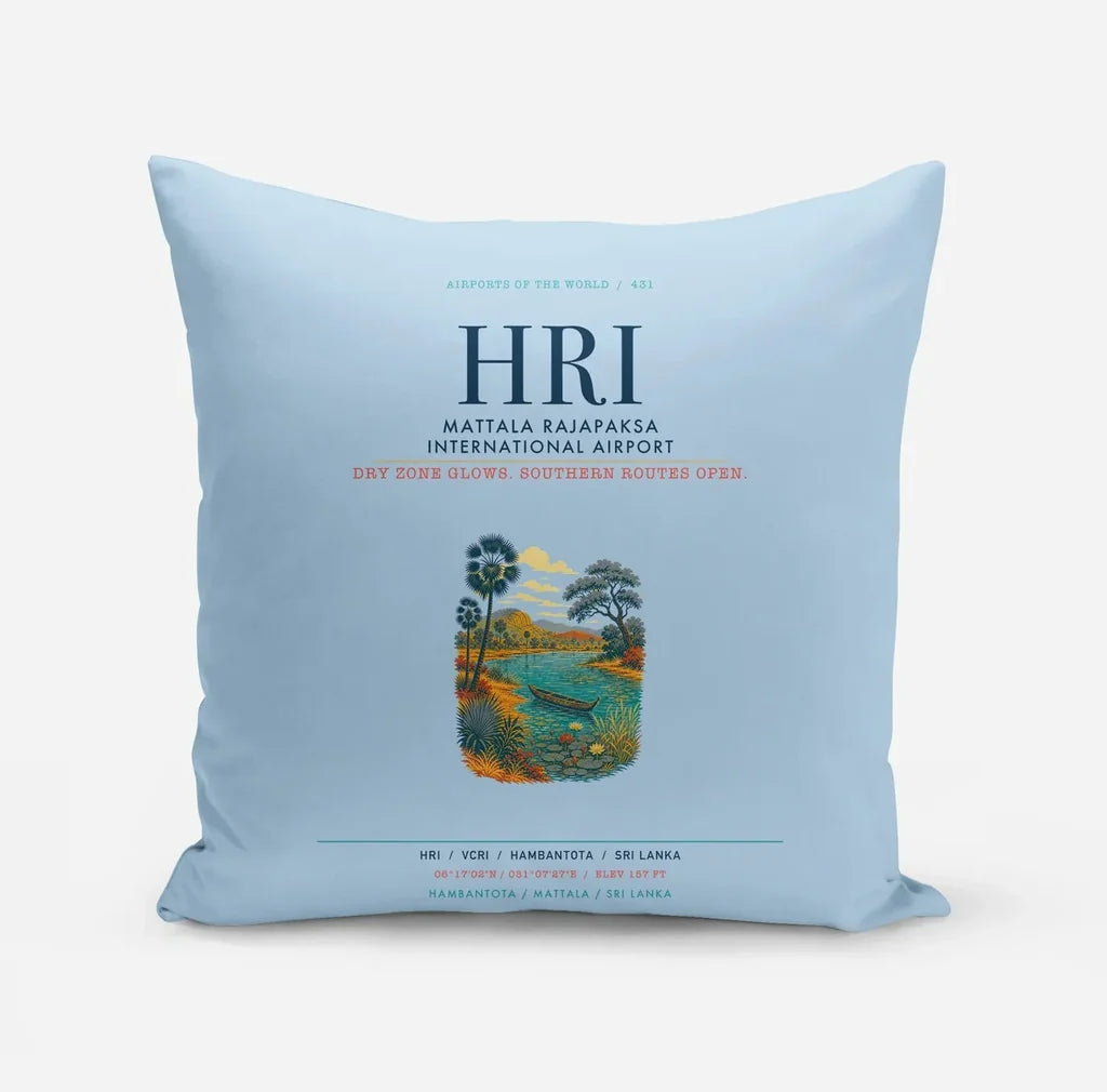 Mattala Rajapaksa International Airport (HRI) design on light blue pillow