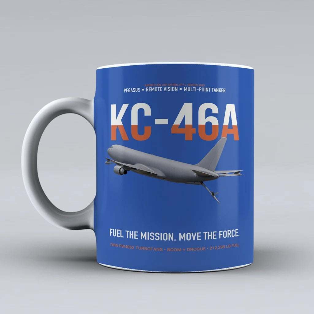KC-46A PEGASUS design on blue ceramic mug, double-side print