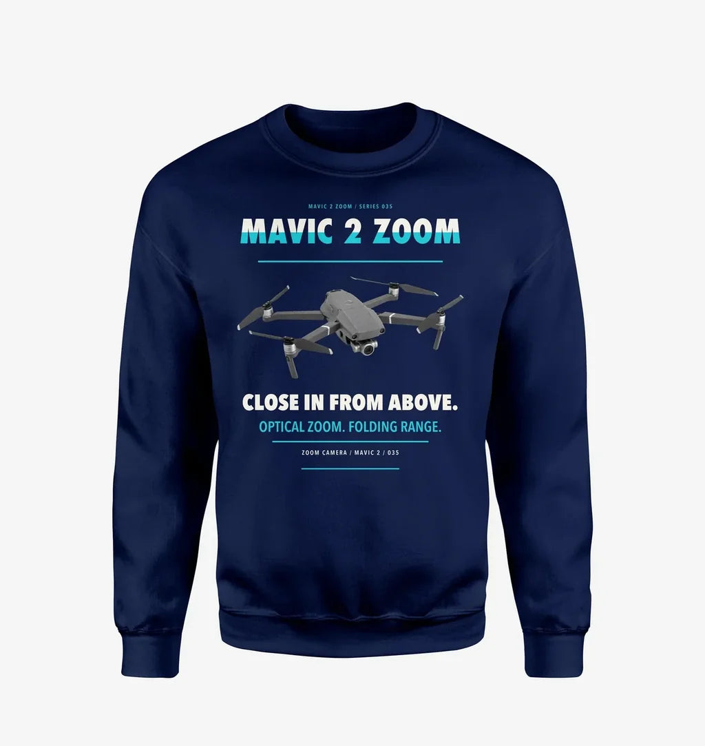 DJI Mavic 2 Zoom design on navy blue sweatshirt