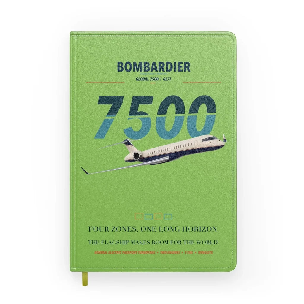 Bombardier Global 7500 design on light green notebook