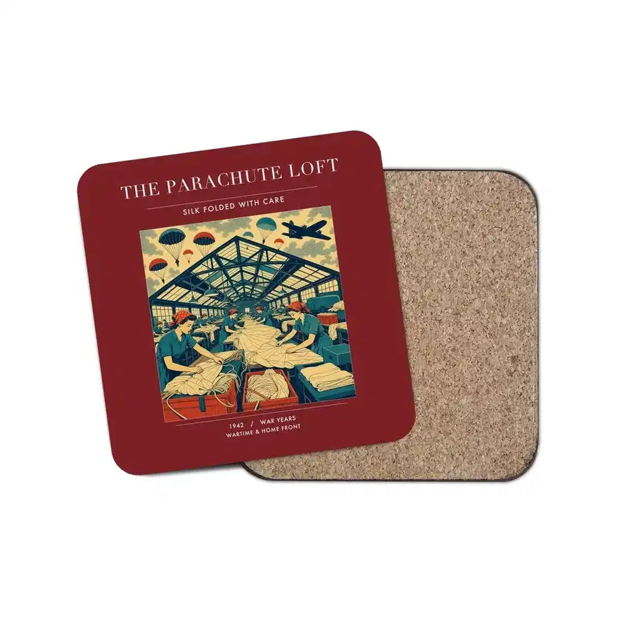 The Parachute Loft - Designed Coasters design on dark red 1-piece