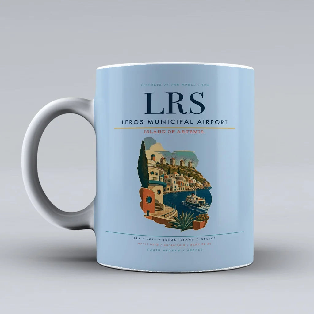 Leros Municipal Airport (LRS) airport code design on light blue ceramic mug