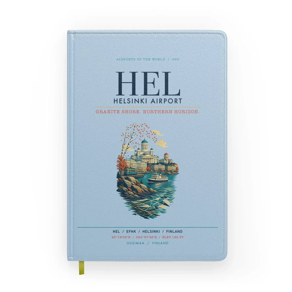 Helsinki Airport (HEL) design on light blue notebook