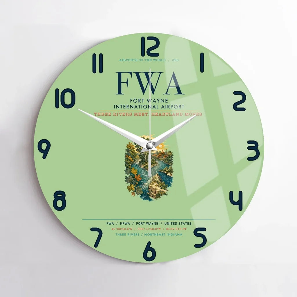 Fort Wayne International Airport (FWA) design on light green no frame wall clock