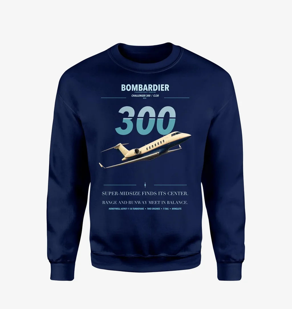 Bombardier Challenger 300 design on navy blue sweatshirt