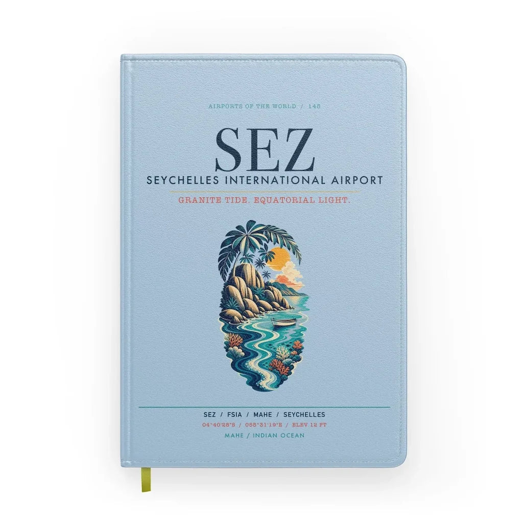 Seychelles International Airport (SEZ) design on light blue notebook