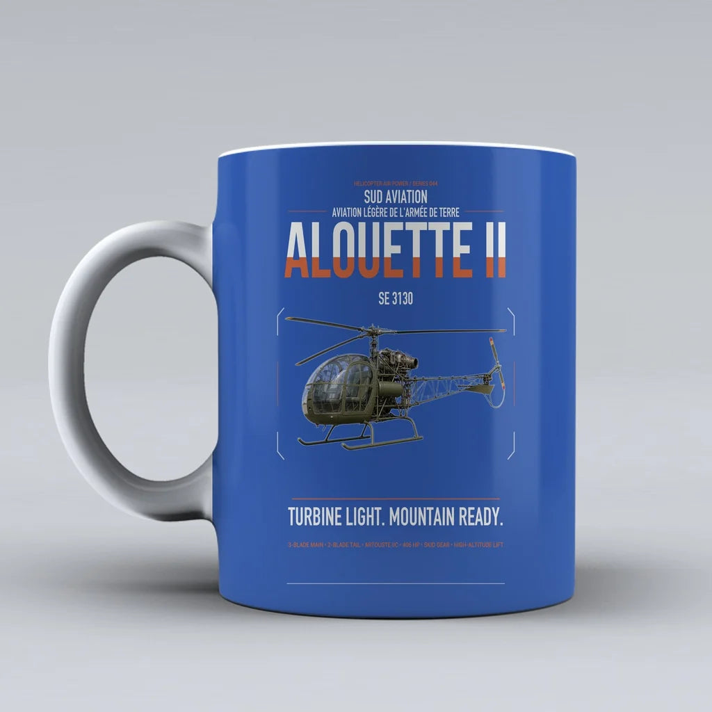 Sud Aviation SE 3130 Alouette II design on blue ceramic mug, double-side print