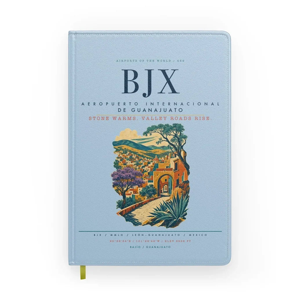 Aeropuerto Internacional de Guanajuato (BJX) design on light blue notebook