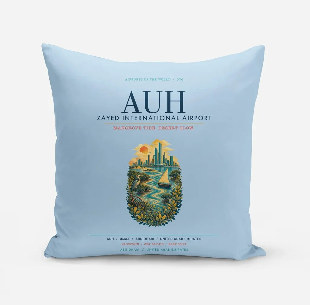 Abu Dhabi Zayed International Airport (AUH) design on light blue pillow