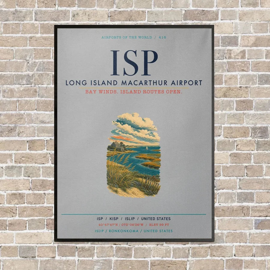 Long Island MacArthur Airport ISP vertical canvas print - framed - light gray background