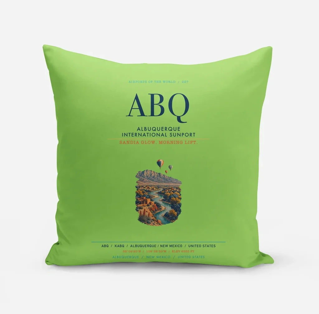 Albuquerque International Sunport (ABQ) design on light green pillow