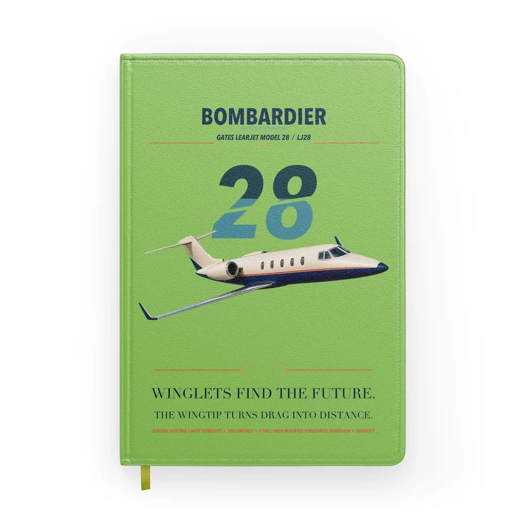 Bombardier Learjet 28 design on light green notebook