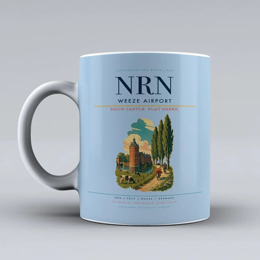 Weeze Airport (NRN) airport code design on light blue ceramic mug