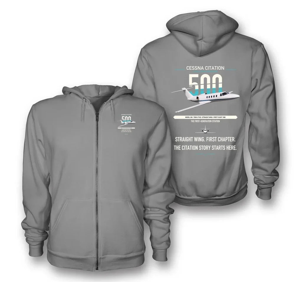 Cessna Citation 500 - Citation I design on gray premium zipped hoodie, double-side print
