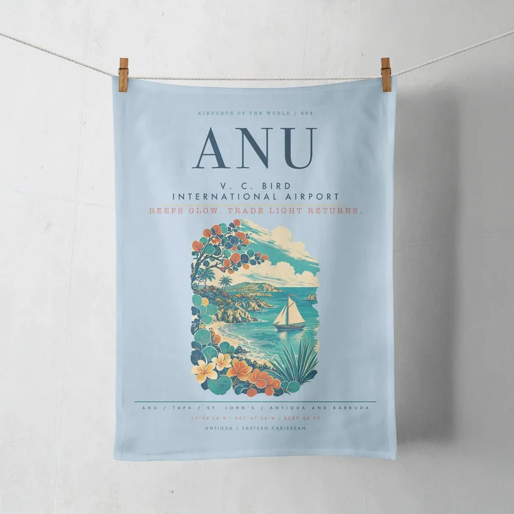 V. C. Bird International Airport (ANU) design on light blue towel