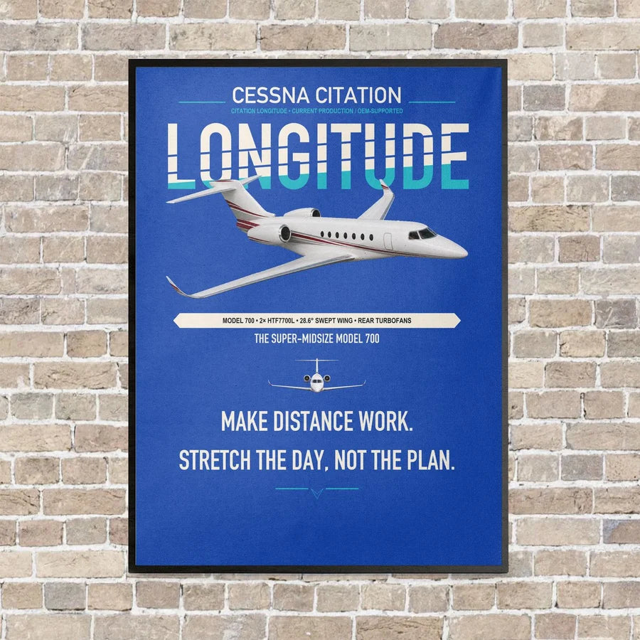 Cessna Citation Longitude vertical canvas print - framed - blue background