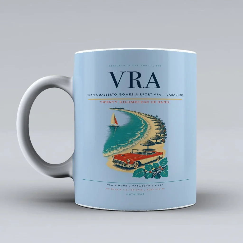 Juan Gualberto Gómez Airport (VRA) airport code design on light blue ceramic mug