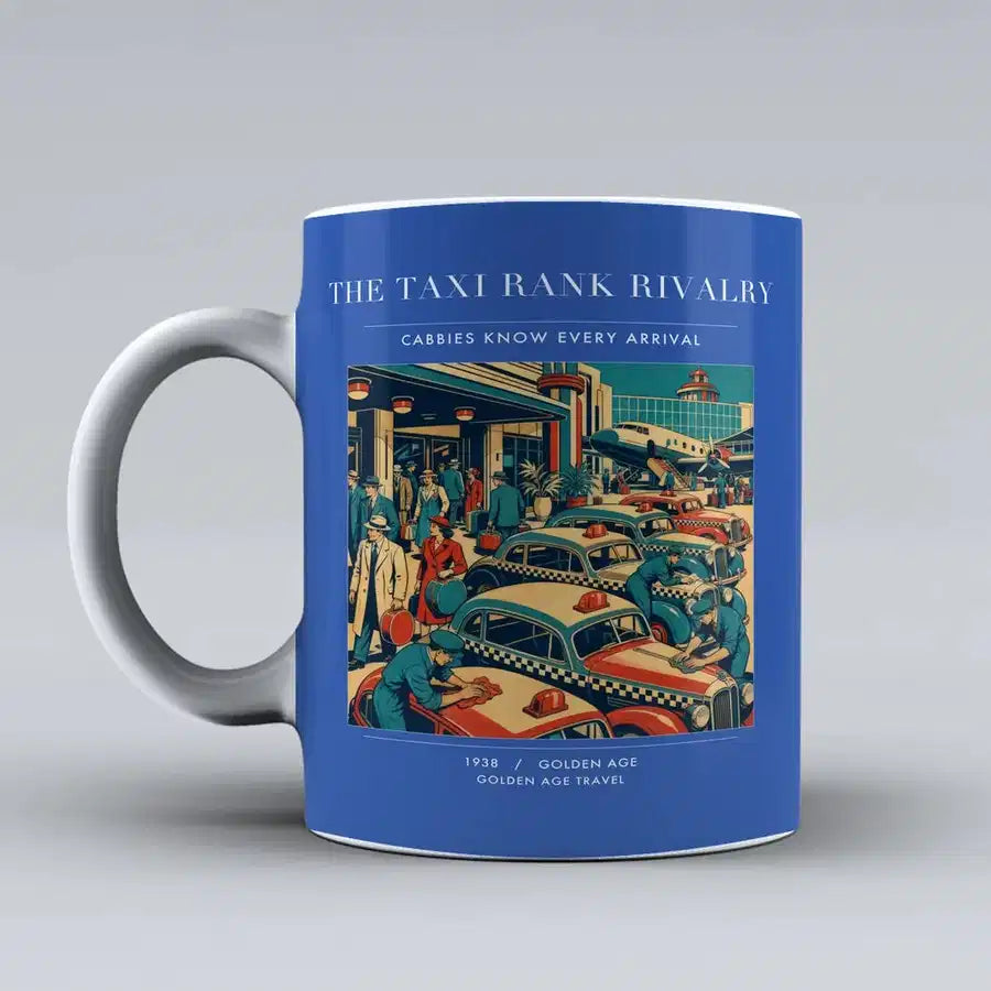 VINTAGE G4376 - The Taxi Rank Rivalry - Ceramic Mug design on blue