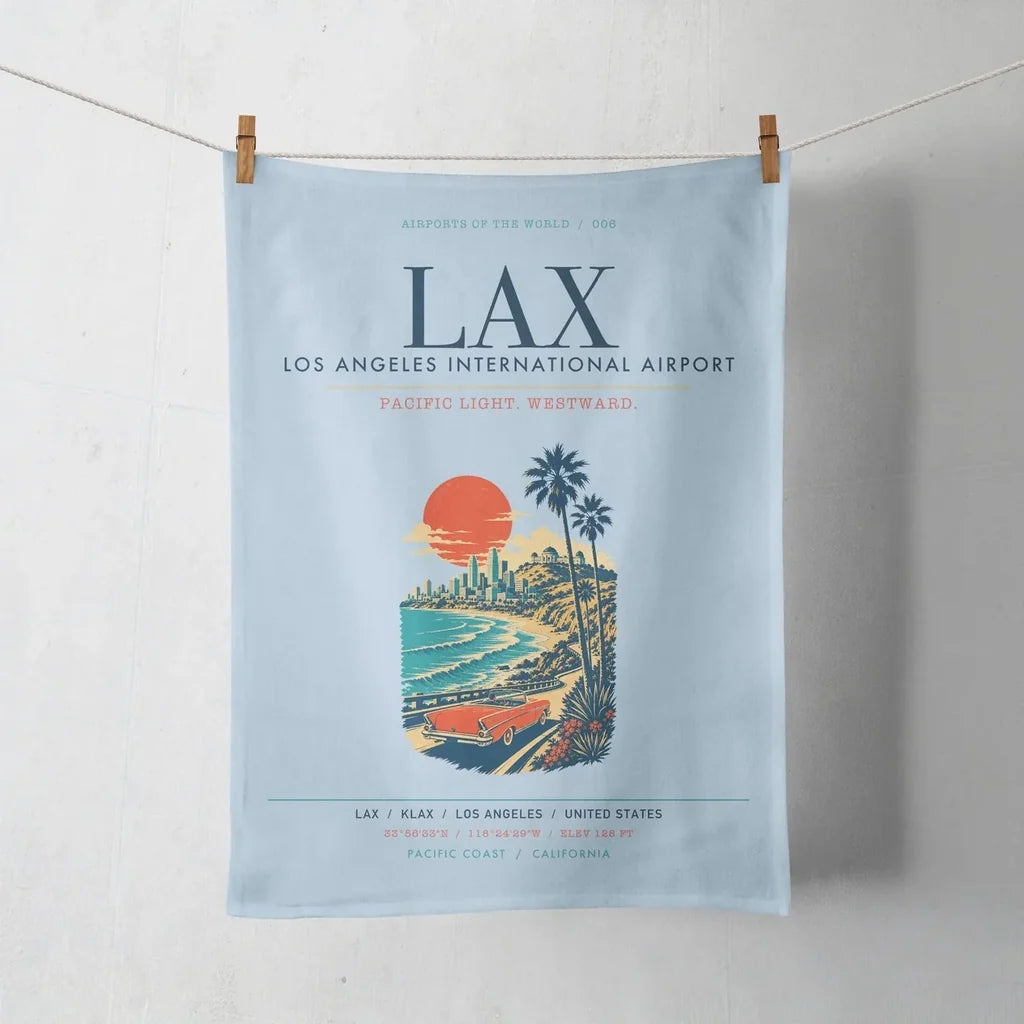 Los Angeles International Airport (LAX) design on light blue towel