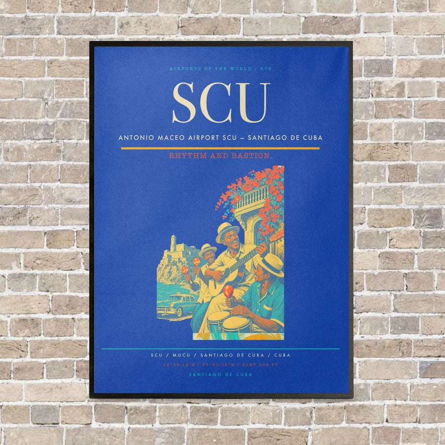 Antonio Maceo Airport SCU — Santiago de Cuba vertical canvas print - framed - blue background