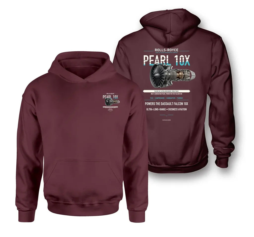 PEARL 10X design on dark red hoodie