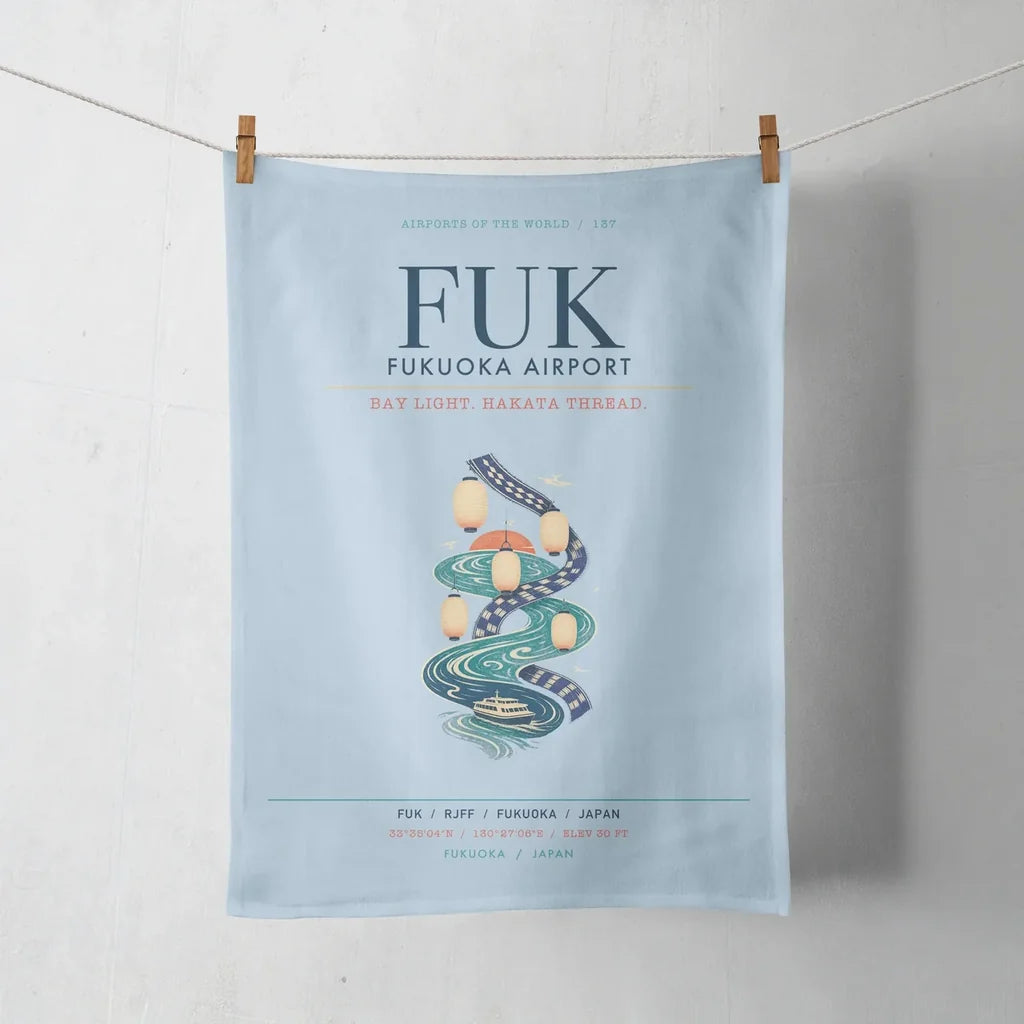 Fukuoka Airport (FUK) design on light blue towel
