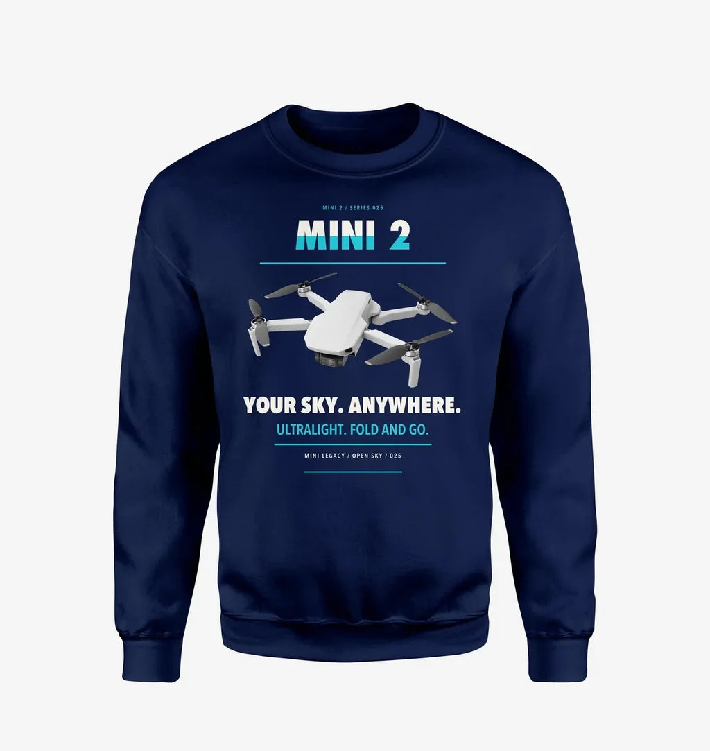 DJI Mini 2 design on navy blue sweatshirt
