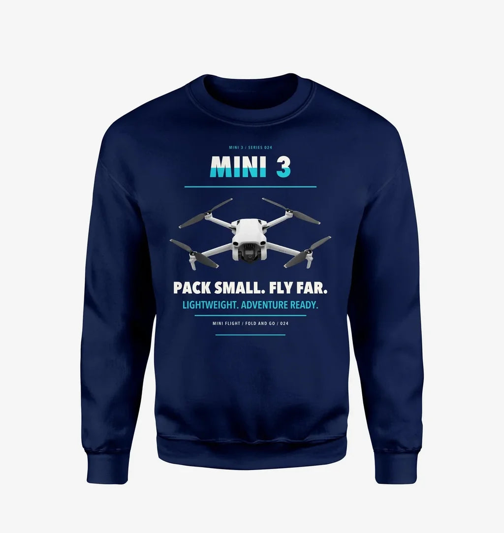 DJI Mini 3 design on navy blue sweatshirt