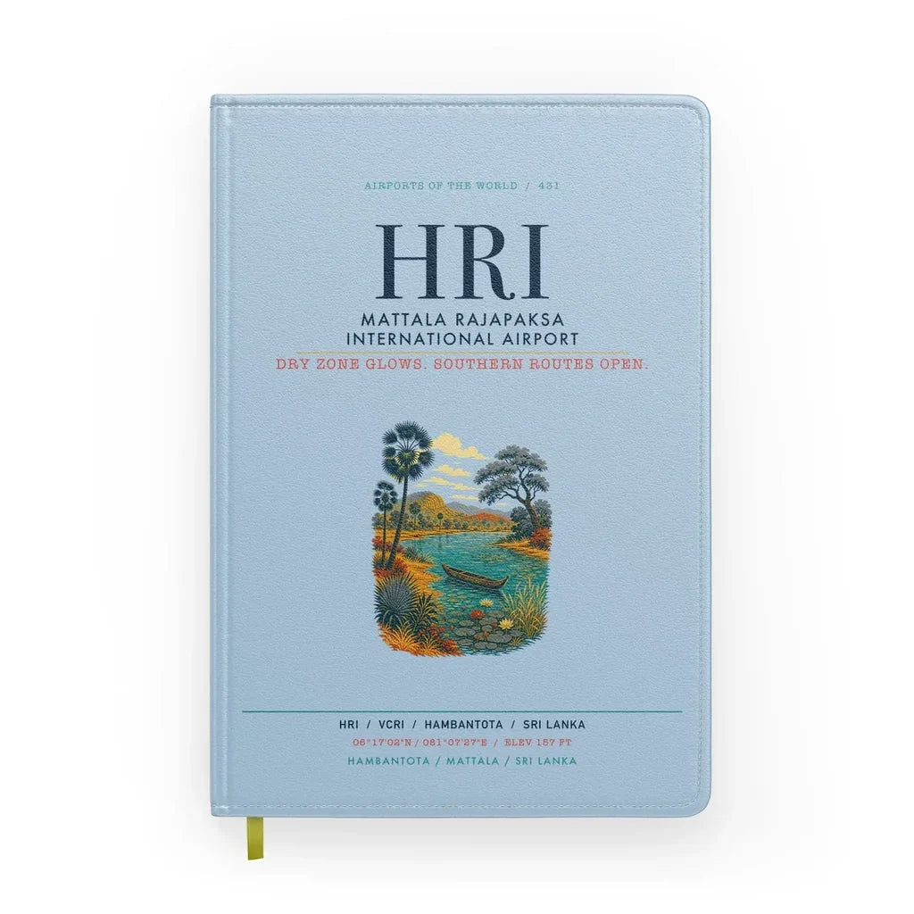 Mattala Rajapaksa International Airport (HRI) design on light blue notebook