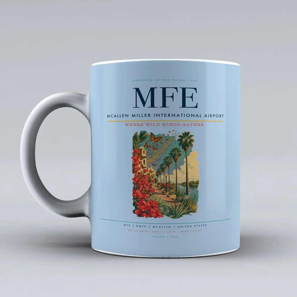 McAllen Miller International Airport (MFE) airport code design on light blue ceramic mug