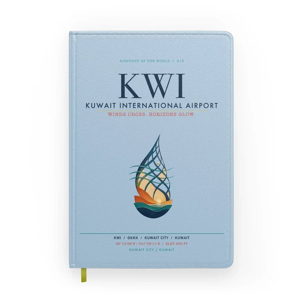 Kuwait International Airport (KWI) design on light blue notebook