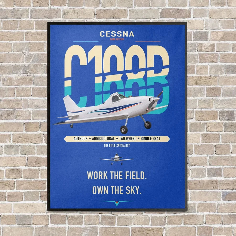 Cessna A188B AgTruck vertical canvas print - framed - blue background