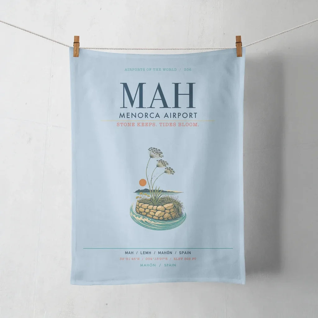 Menorca Airport (MAH) design on light blue towel