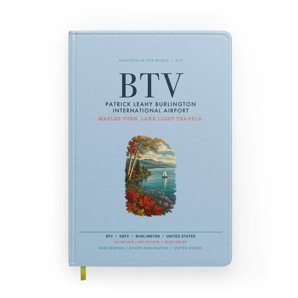Patrick Leahy Burlington International Airport (BTV) design on light blue notebook