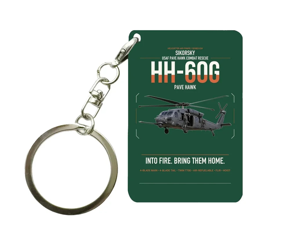 Sikorsky HH-60G Pave Hawk design on dark green designed key chain, double-side print