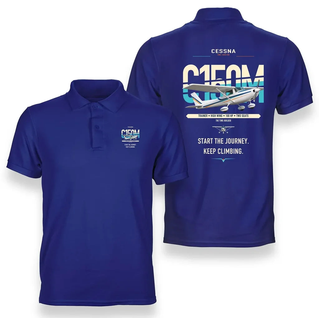 Cessna 150M design on blue double-side polo t-shirt, double-side print