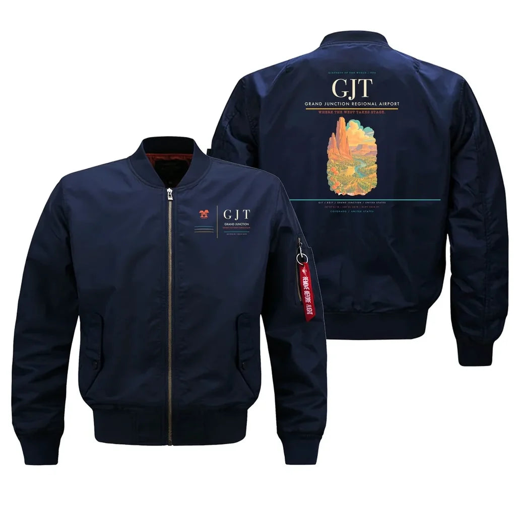 Grand Junction Regional Airport (GJT) design on blue bomber jacket